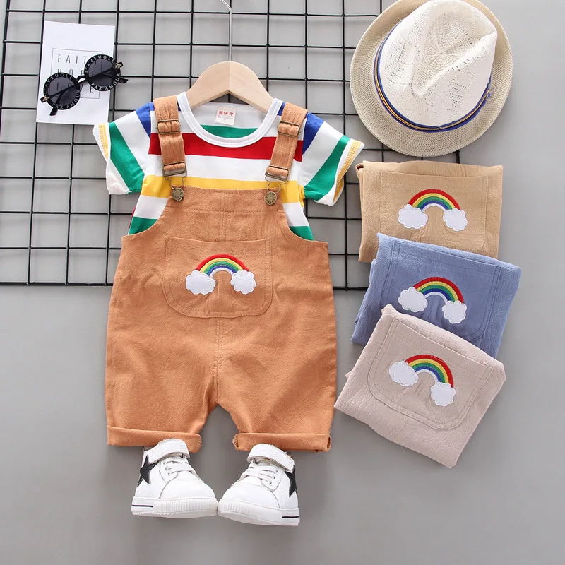 

Summer Baby Girls Boys Cotton Clothing Sets Toddler Striped T-Shirt Rainbow Overalls 2Pcs/Sets Children Fashion Casual Tracksuit