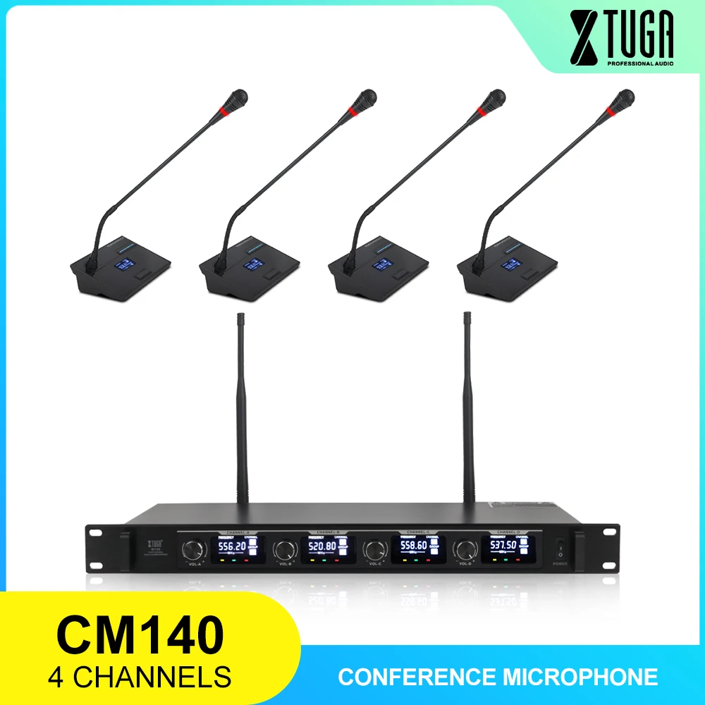 

Профессиональная микрофонная система XTUGA CM140, 4 канала, микрофон на шею, беспроводные микрофоны с фиксированной частотой для совещаний
