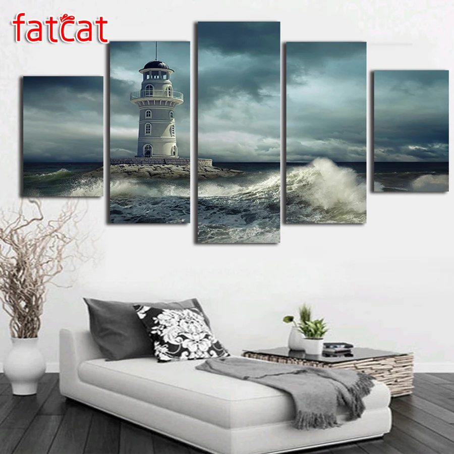 

FATCAT 5 Pieces Lighthouse Cloudy Rough Wave Seascape Diamond Painting Full Square Round Drill Diamond Embroidery Sale AE1070
