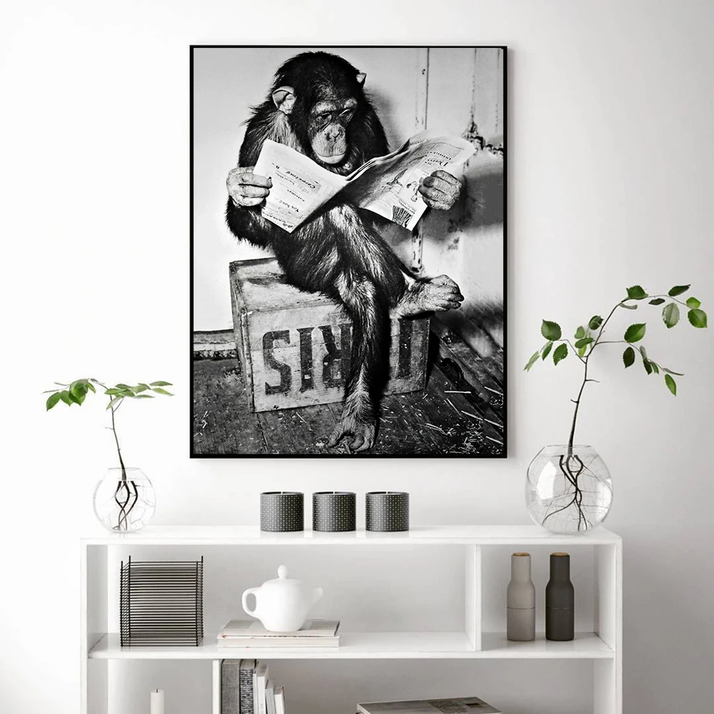 

Monkey Read Newspaper Canvas Paintings Photo Animal Posters and Prints Wall Art Picture for Living Room Home Decoration