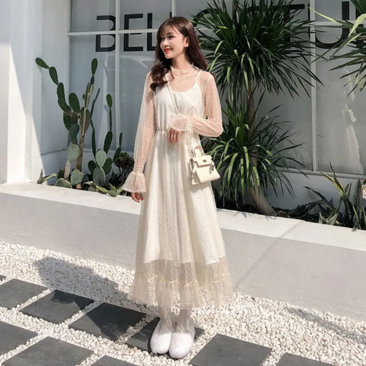 

Women Dresses Women's Long-Sleeved Lace Mesh Dress Autumn Winter Long Skirt Vestido De Mujer