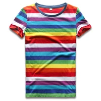 rainbow top tees for women colorful stripe t shirt crew neck tshirts woman short sleeve striped top