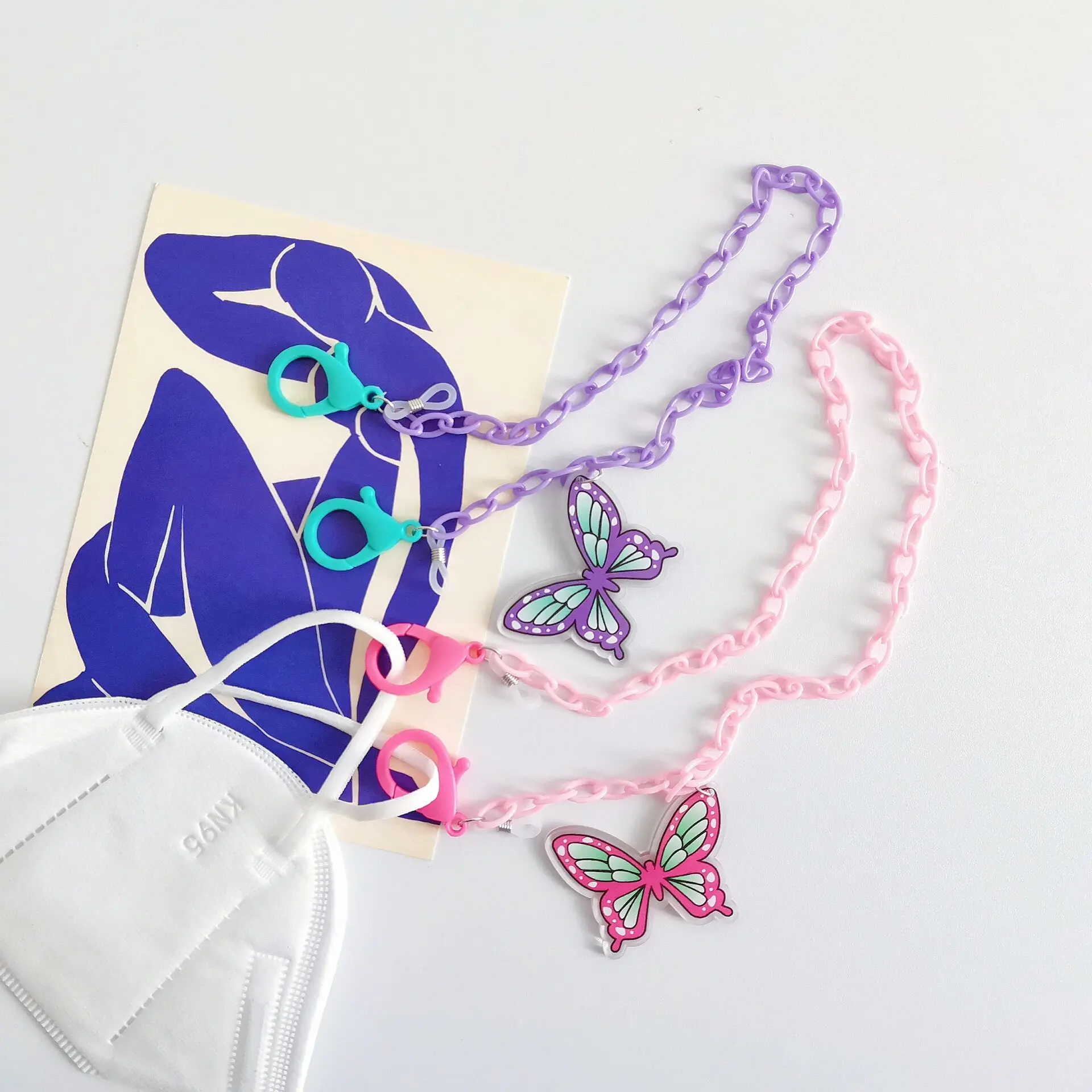 

New creative cartoon butterfly acrylic lanyard necklace glasses chain lanyard