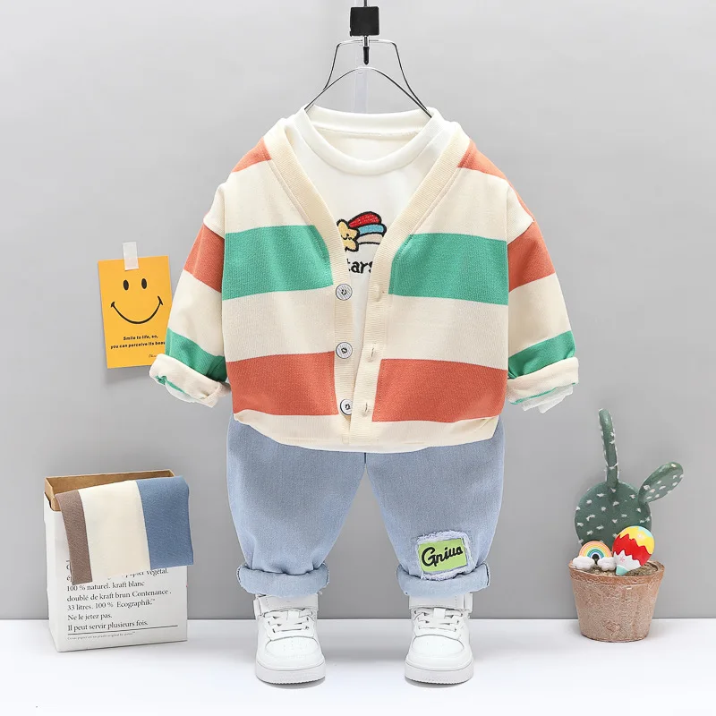 

Kids Fashion Clothes Baby Cotton Long Sleeves Shirts+Denim Pants +Striped Knitted Cardigan Autumn Toddler Boy Girl Clothing Sets