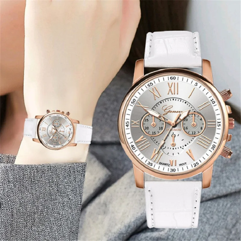

Men Geneva Style Women Ladies Couple Roman Numeral Three Dial Business Leather Strap Electronic Quartz Watch