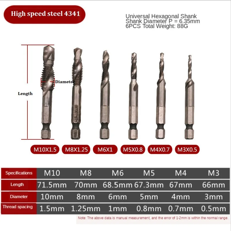 

6Pcs M3-M10 1/4" Hex Shank HSS Screw Thread Tap Drill Bits for Screw Machine Titanium Plated Metric Spiral Compound Drill