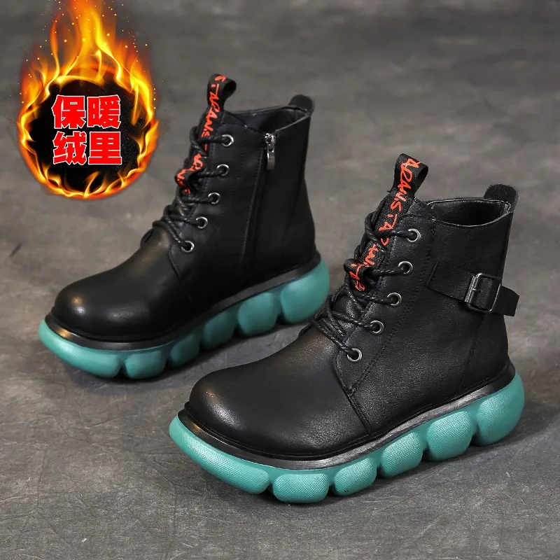 

Thickened winter fashion boot leather short boots lace up Flat Boots retro solid new style