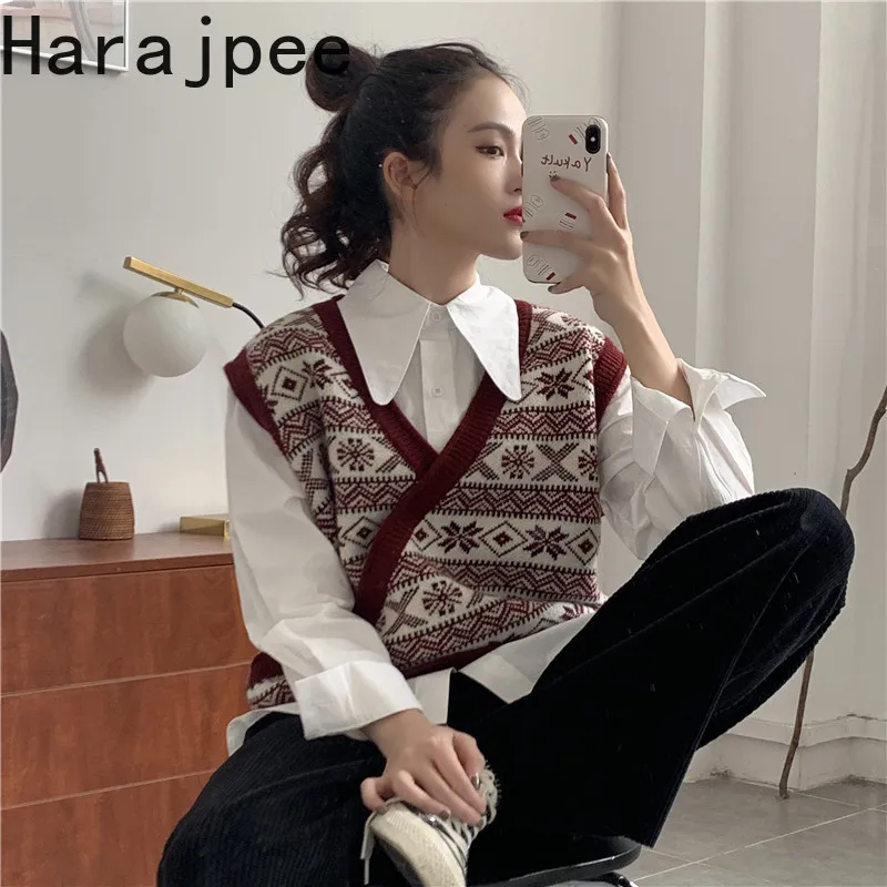 

Harajpee Knitted Vest V-neck Striped Commute Retro Loose Korean Spring Autumn All-match 2021 New Women Sweater Waistcoat Chic