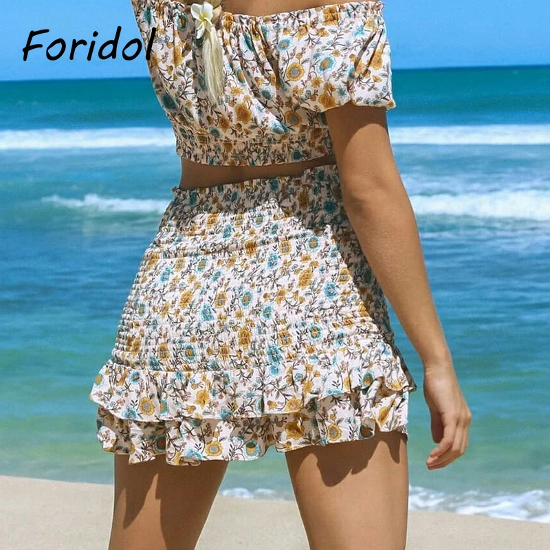 

Foridol floral print cute boho skirts womens summer high waist ruffle bodycon mini skirt casual bohemian yellow short skirts