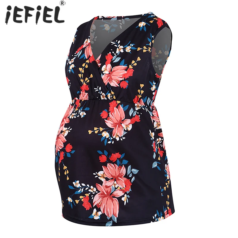 

Maternity Tops V-Neck Sleeveless Floral Print T-Shirts for Pregnant Women Elegant Ladies Shirt Summer Blouse Tops Maternity Tops