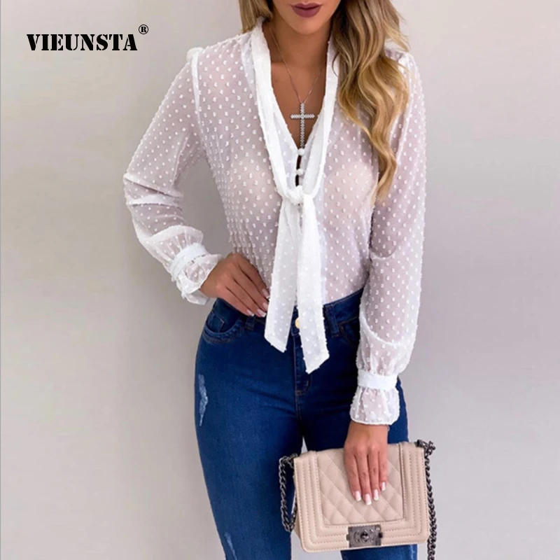 

Модная рубашка на пуговицах с длинным рукавом, Женская Осенняя куртка с пышными рукавами и принтом в горошек, Женский офисный белый воротни...