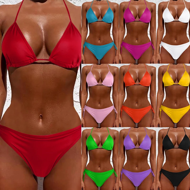 

Sexy Women Pure Color Swimwear 2021 New Summer Style Lady Bandage Bikini Set Push-up Bra Bathing Suit Brazilian Biquini Swimsuit