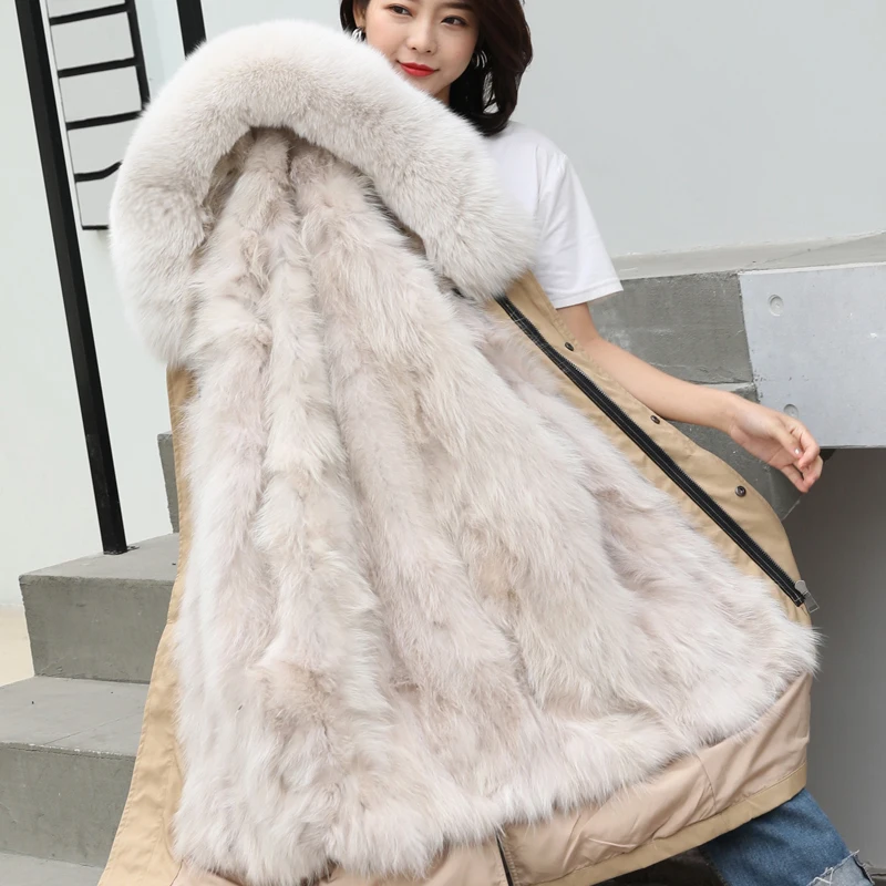 2020 New Fashion Winter Women's Real Fur Coats Plus Size Hat Parkas Detachable Fur Liner Middle Long Female Jackets Casual