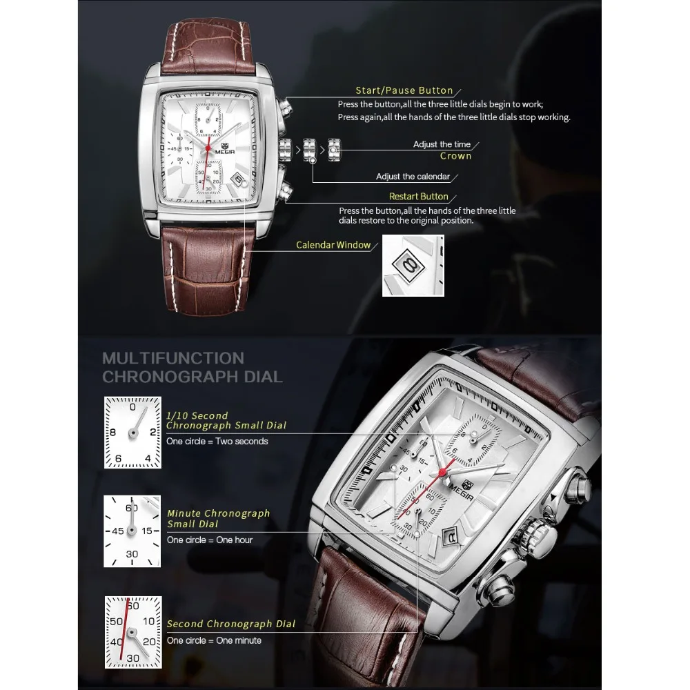 

MEGIR Original Brand Quartz Men Watch Mens Genuine Leather Waterproof Military Watches for Male Chronograph Sports Wristwatch