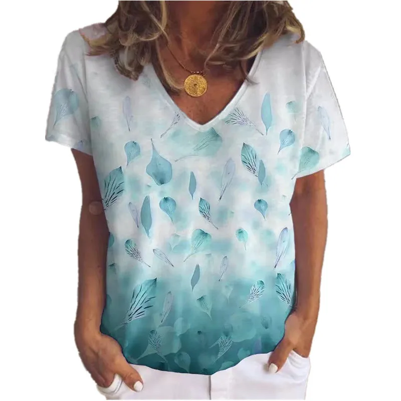 

Fashion 3D Leaves Printed Women T-Shirts Short Sleeve Loose Casual Tops Summer V-Neck Streetwear Tie-dye Female T-Shirt Pullover
