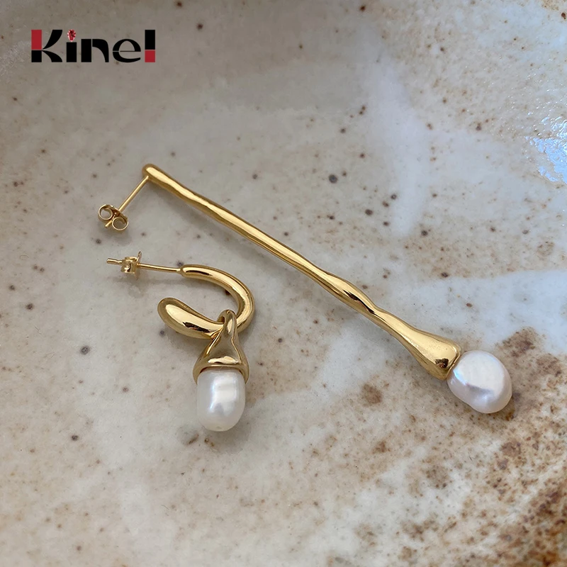 

Kinel 925 Sterling Silver 18K Gold Asymmetric Earrings Fashion Charm Baroque pearl Earrings Wedding Party Silver Jewelry