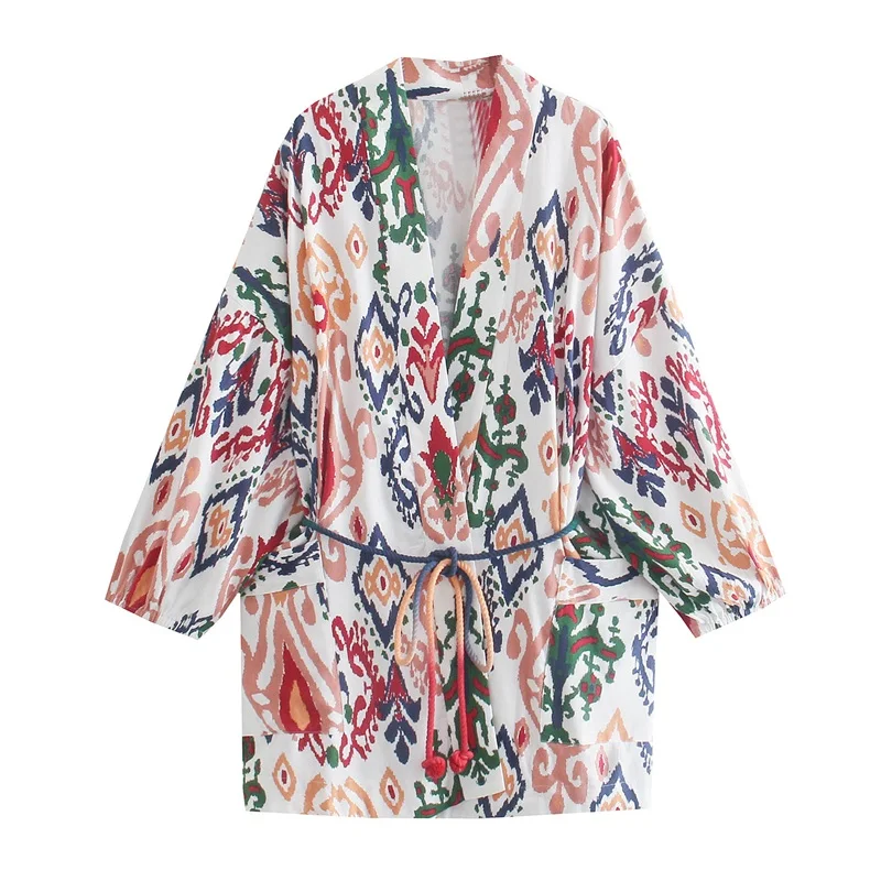 

MESTTRAF Women 2021 Fashion With Belt Print Kimono Blouses Vintage Three Quarter Sleeve Pockets Female Shirts Streetwear