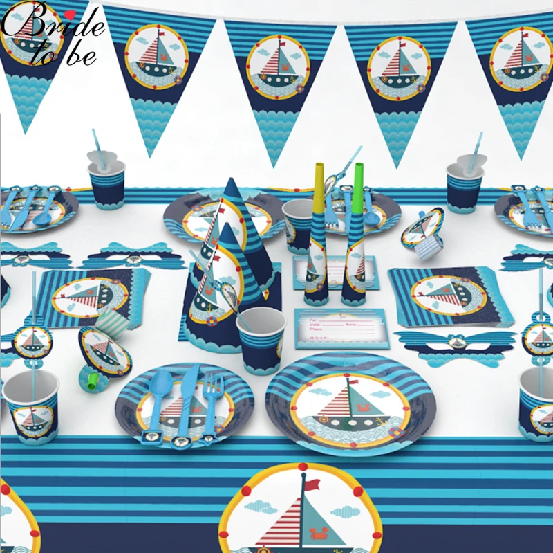 Набор одноразовой посуды для дня рождения невесты синий парус дизайн свадебное