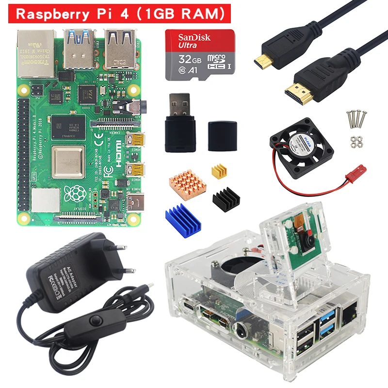 Raspberry Pi 4 стартовый комплект 1 г 2 г 4 г ram плата с акриловым чехол 5MP камера 3A блок питания теплоотвод для Raspberry Pi 4 Модель B
