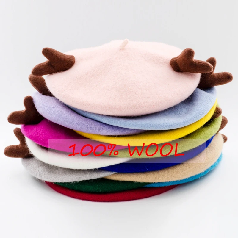 Весенне-зимние теплые береты из 100% натуральной шерсти с рогами праздничные