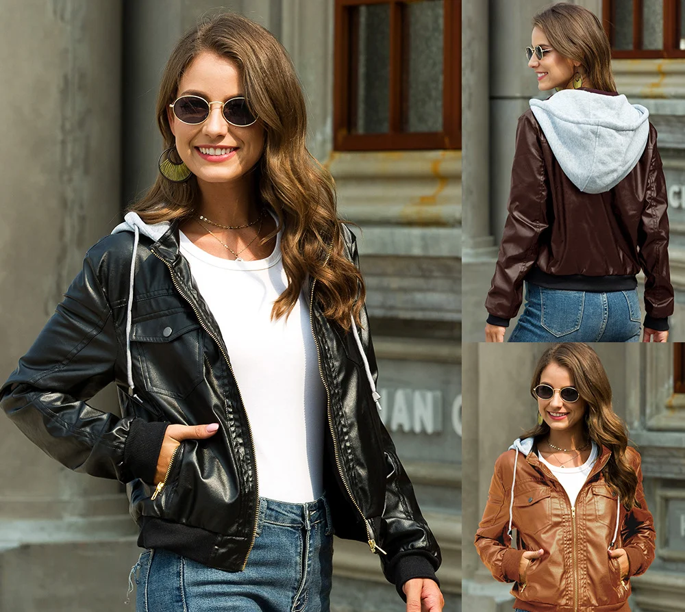 

Pu Leather Jacket Autumn Winter Fashion Motorcycle Coat Hoodies Casual Soft Faux Jackets Female Streetwear Biker