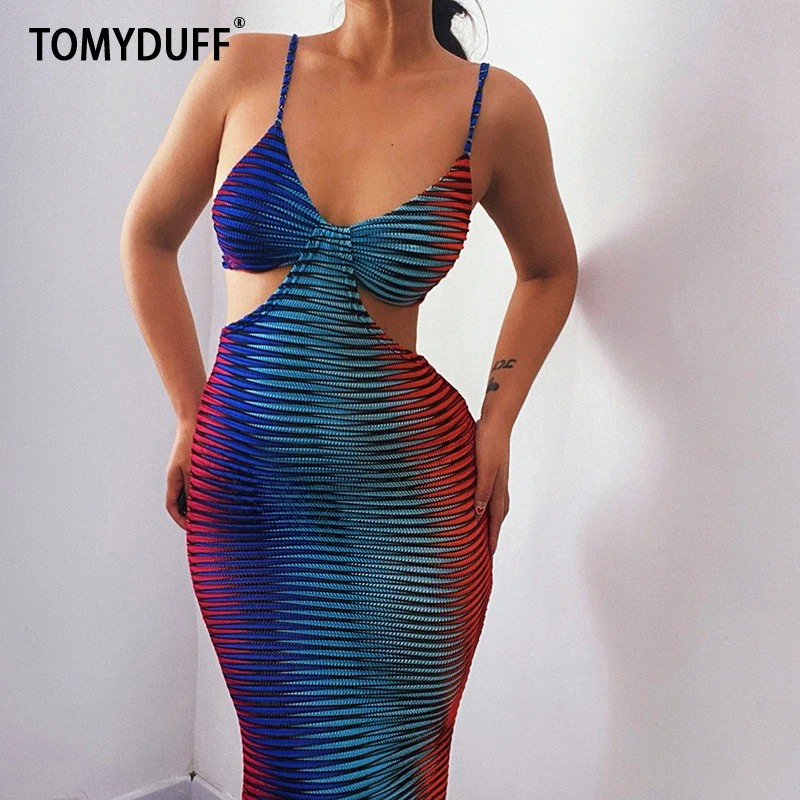 

TOMYDUFF 2021 Summer New Wheat Mesh Color Backless Sheath Dress Lady Sexy Chest-Flattering Hollow Out See-Through Dress