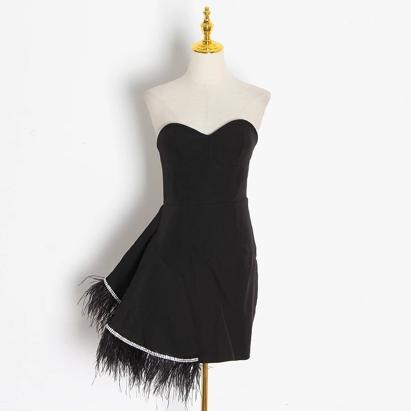 

GALCAUR Patchwork Feather Dress For Female Slash Neck Strapless Off Shouder High Waist Designerv Mini Dresses Womens 2020 Style