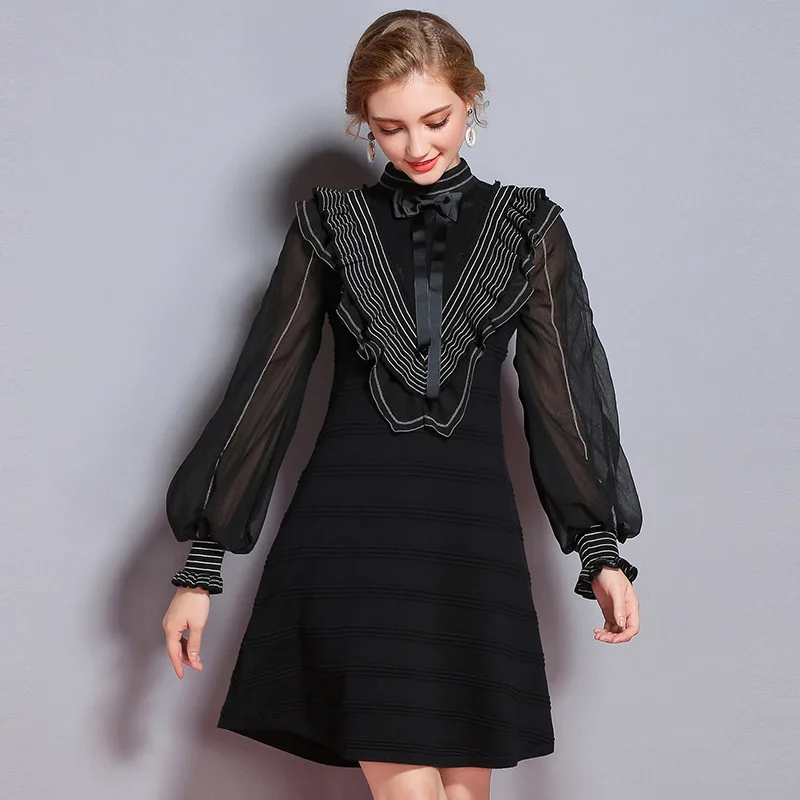 

Sweater High Quality Brand Women Ruffle Patchwork Vintage Lantern Sleeve Slim Fit A-Line Knitted Dress Retro Vestido