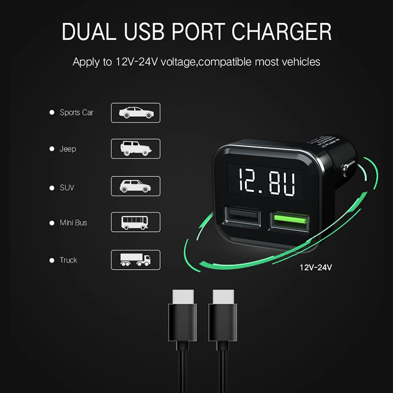 QC3.0 устройство для автомобиля с двумя портами USB Зарядное устройство 2 Порты и разъёмы с светодиодный Дисплей 12-24V гнездо для автомобильного прикуривателя для мобильного телефона планшеты и т. д