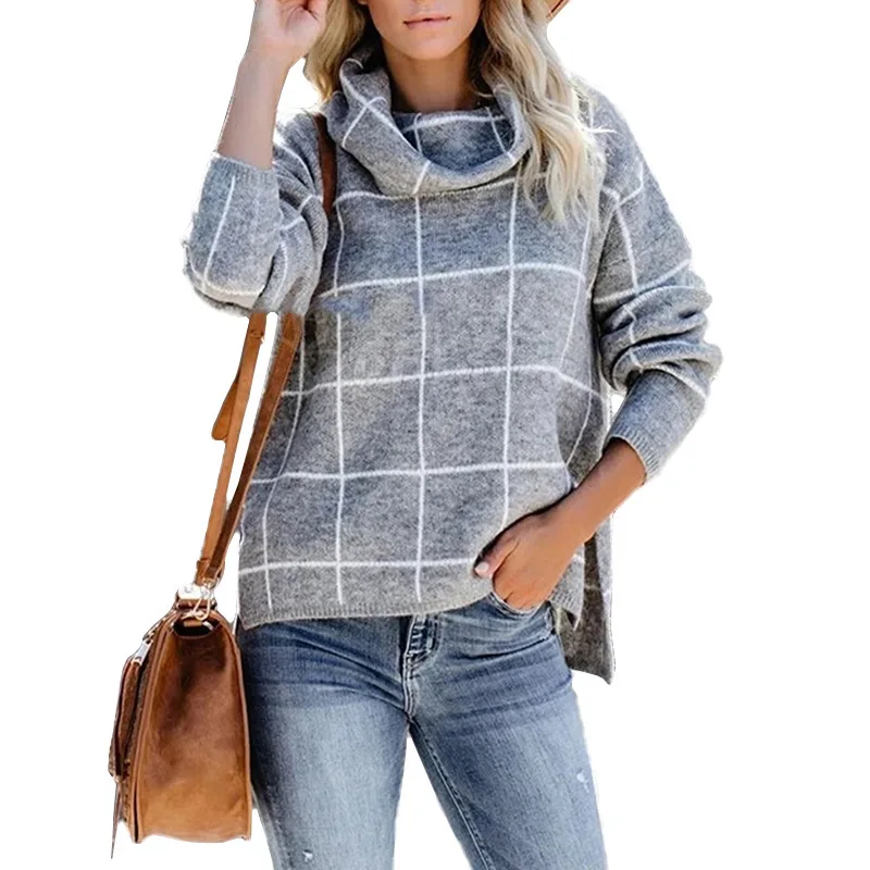 

Newest Square Grid Sweater Women Fashion Front Short Back Long Plaid Sweaters Ladies Trendy Two Lapel Sweater Stylish Knit Tops