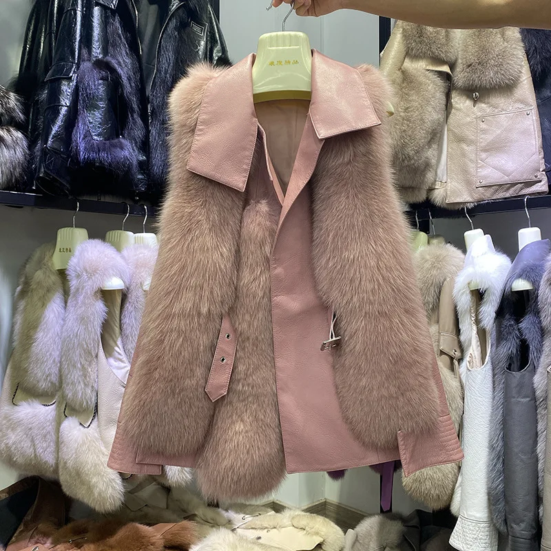 

Women's High Quality Real Fox Fur Vest 2021 New 100% Natural Fur Jacket Vests Genuine Leather Midi Gilet YH24