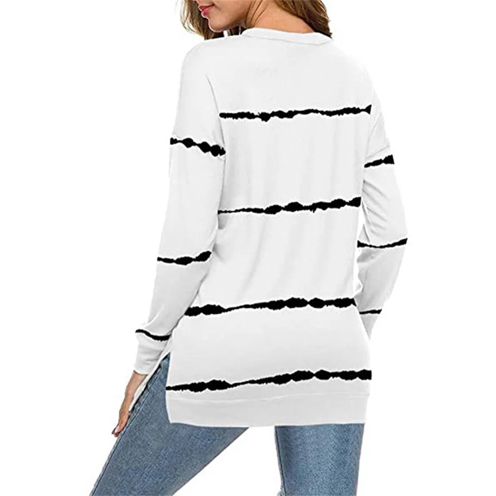 2021 Autumn And Winter Women's Tie-Dye Striped Printing O Neck Loose Long-Sleeve T-Shirt Fashion Casual Pullover Tops
