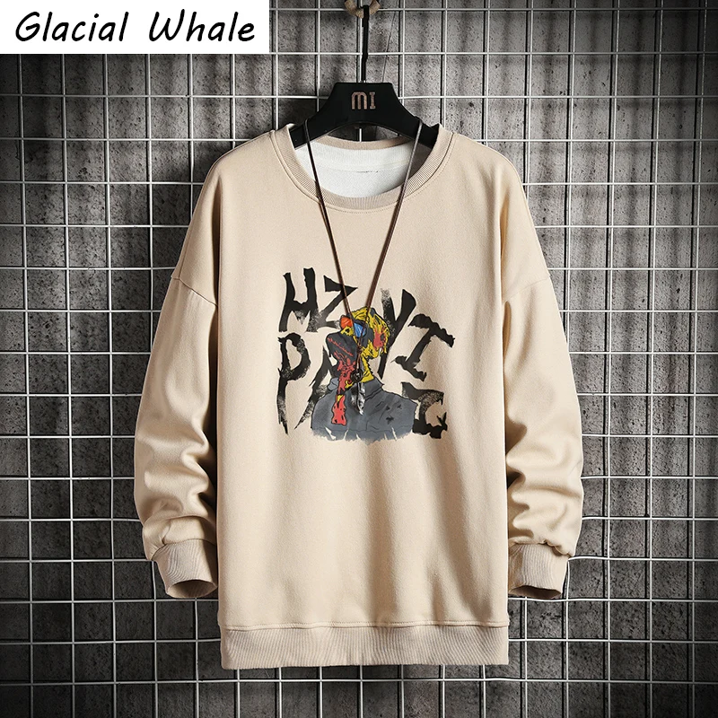 

GlacialWhale Crewneck Sweatshirt Men 2021 Autumn Hip hop Anime Graphic Streetwear Sweatshirt Harajuku Oversized Khaki Hoodie Men