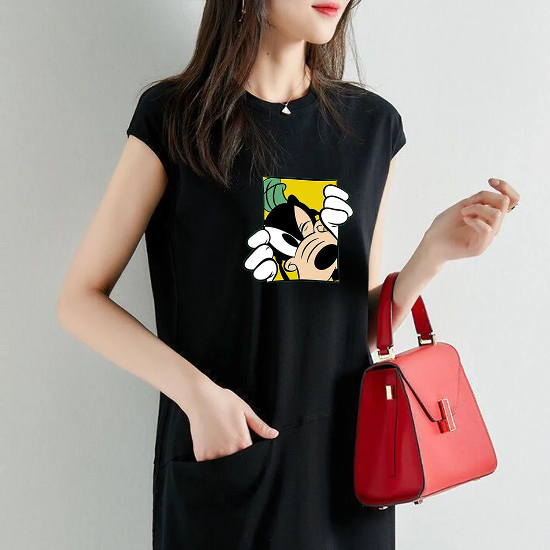 

Disney Short Sleeve Dress Women's Goofy Print Pocket Knee-Length Stitching Round Neck Dress Summer Street Casual 2021 New