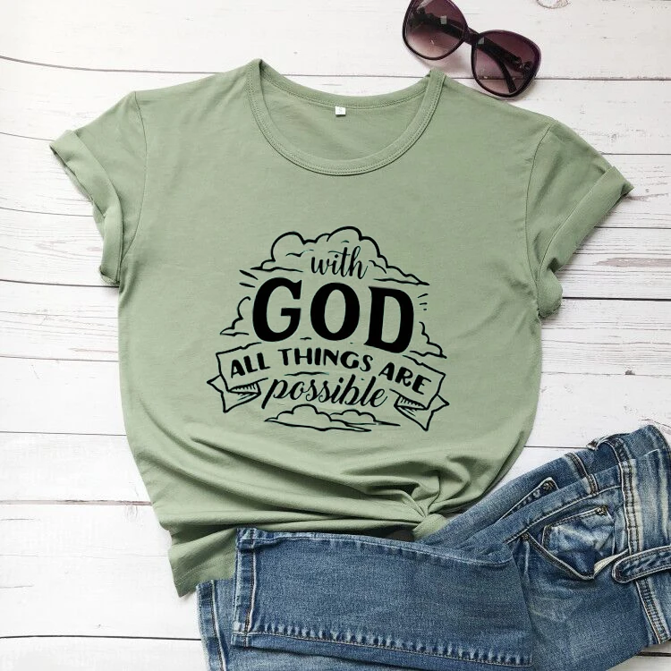 

Women's Fashion Short Sleeve Letters Print with God All Things Are Possible Christian Religious Jesus Top T-Shirt tees L456