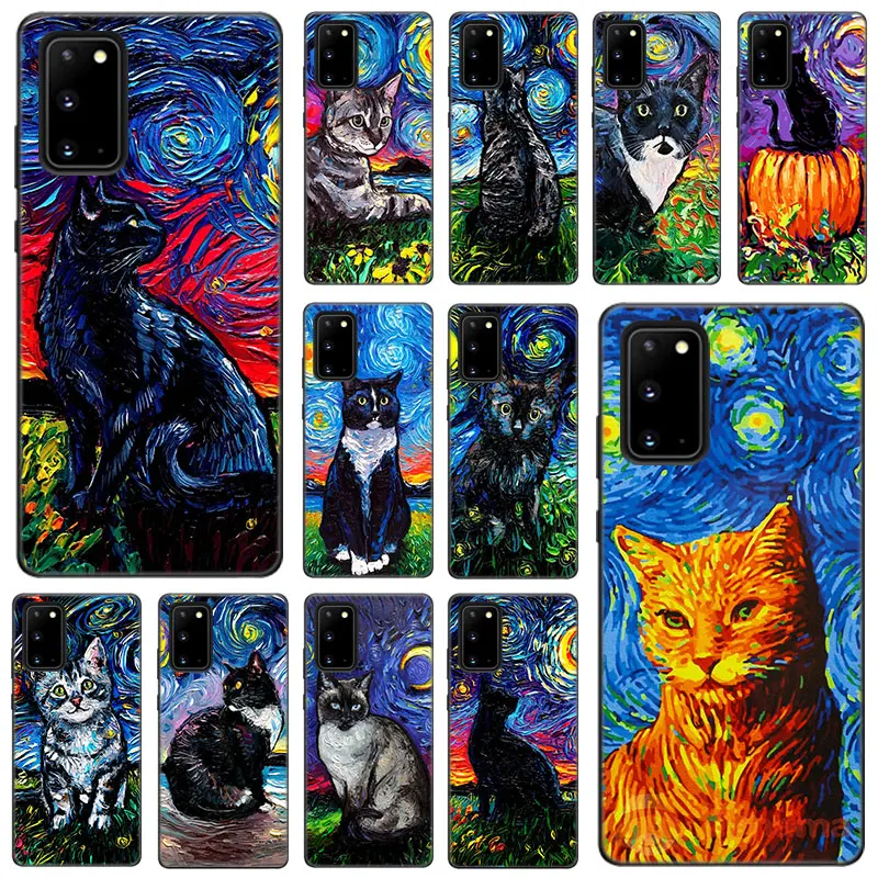

Cute cat Starry Sky Art Silicone Phone Case For Samsung Galaxy S22 Pro S21 S20 FE Ultra S10 Lite S8 S9 S10E S10 Plus Black Cover