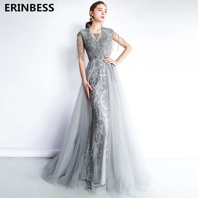 vestido de festa серое длинное платье для выпускного вечера es вечерние платья с высоким вырезом Женская официальная Аппликация из бисера Русалка платья для выпускного вечера