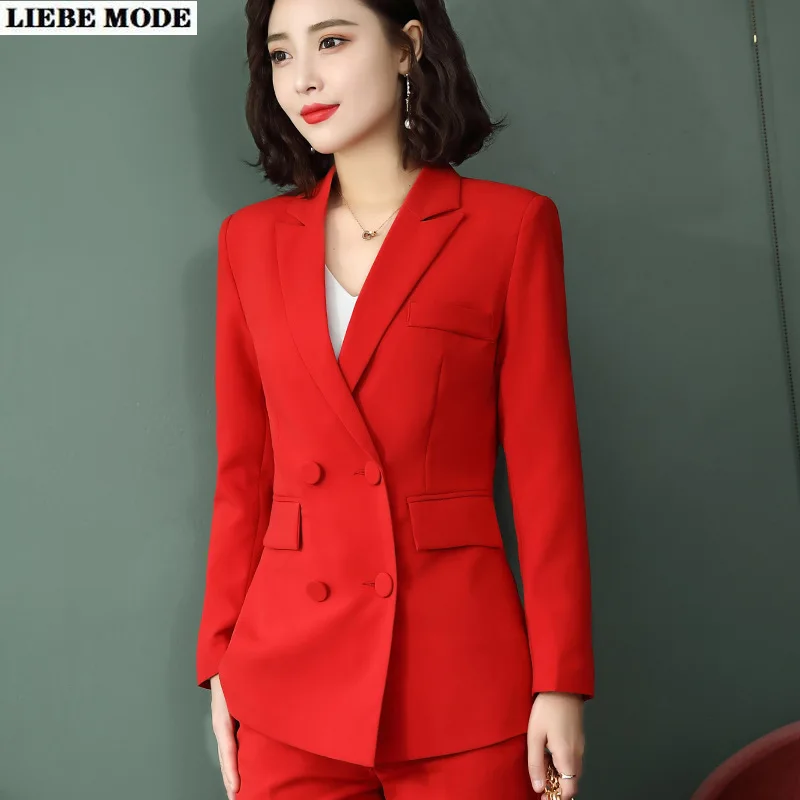 2 Pieces Set Womens Trouser Suit Office Work Wear Pant Suits for Women Double Breasted Black Red Pink Blazer with Trousers