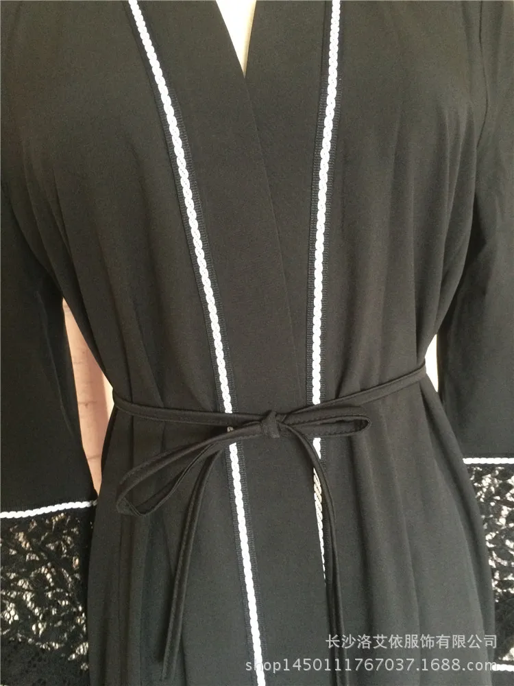 

2019 Muslim fashion black cardigan women lace robe LR07