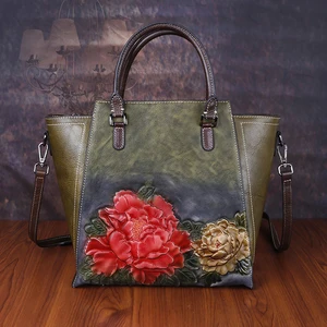 Сумка на плечо женская с тиснением, винтажный вместительный тоут из натуральной кожи, мессенджер контрастных цветов
