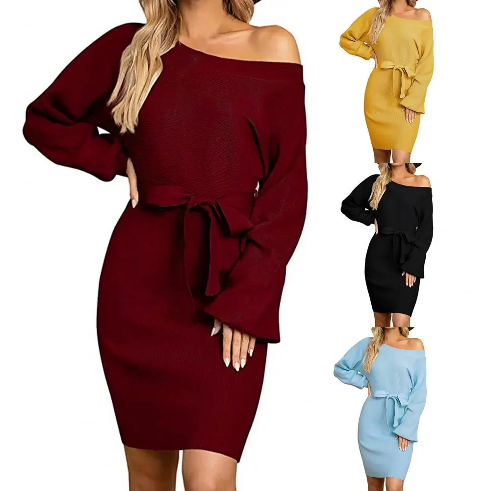 

Dropshipping Lady Dress Knitted Solid Color Round Neck Belt Sheath Dress Sexy Elegant Women Pullover Dress for Daily Wear 2021