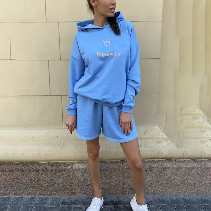 

Hoodies Shorts Tracksuit Two Pieces Set For Women Princess Letter Embroidered Crown Sportswear Suit Ladies Fitness Shorts Sets
