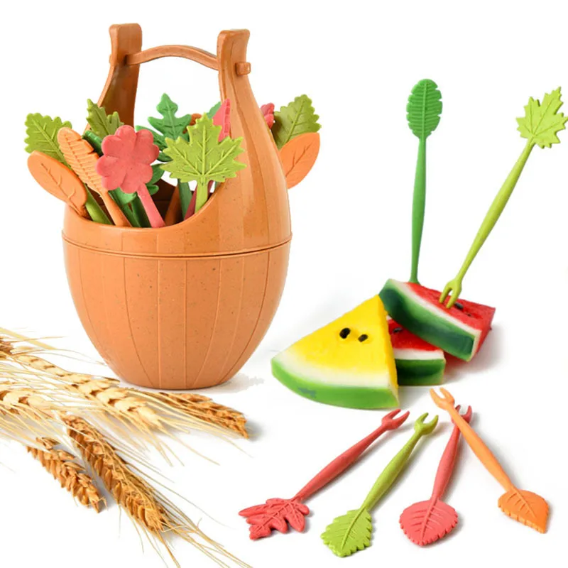 

16pcs/set Biodegradable Fruit Fork Bucket Leaves Shape Desert Forks Snack Food Picks Salad Vegetable BBQ Kids Bento Accessories