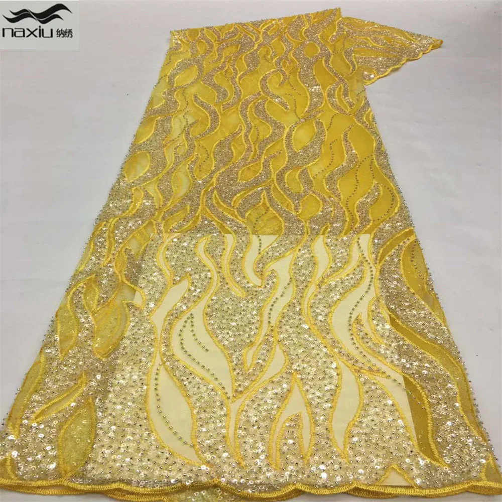 

Кружевная ткань с вышивкой из бисера, желтого цвета, с блестками, в нигерийском стиле, 2022