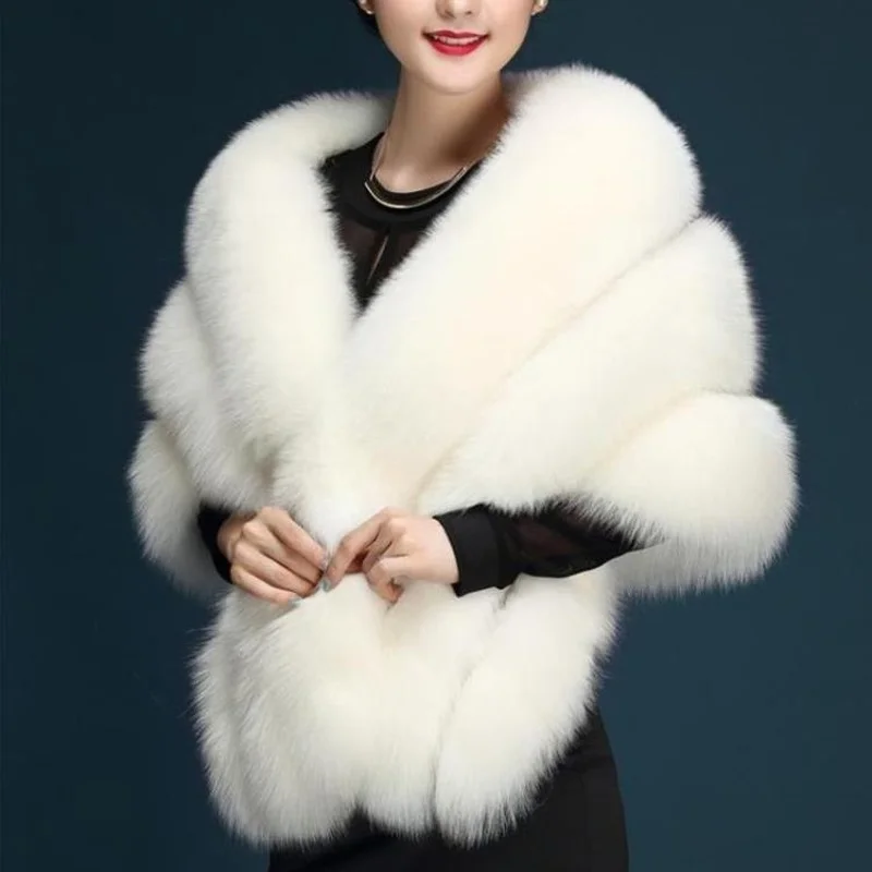 

Autumn and Winter Bride Imitation Fox Hair Shawl Wedding Dress Cloak Cheongsam Fur Cloak Coat White Red Thick Female Leather