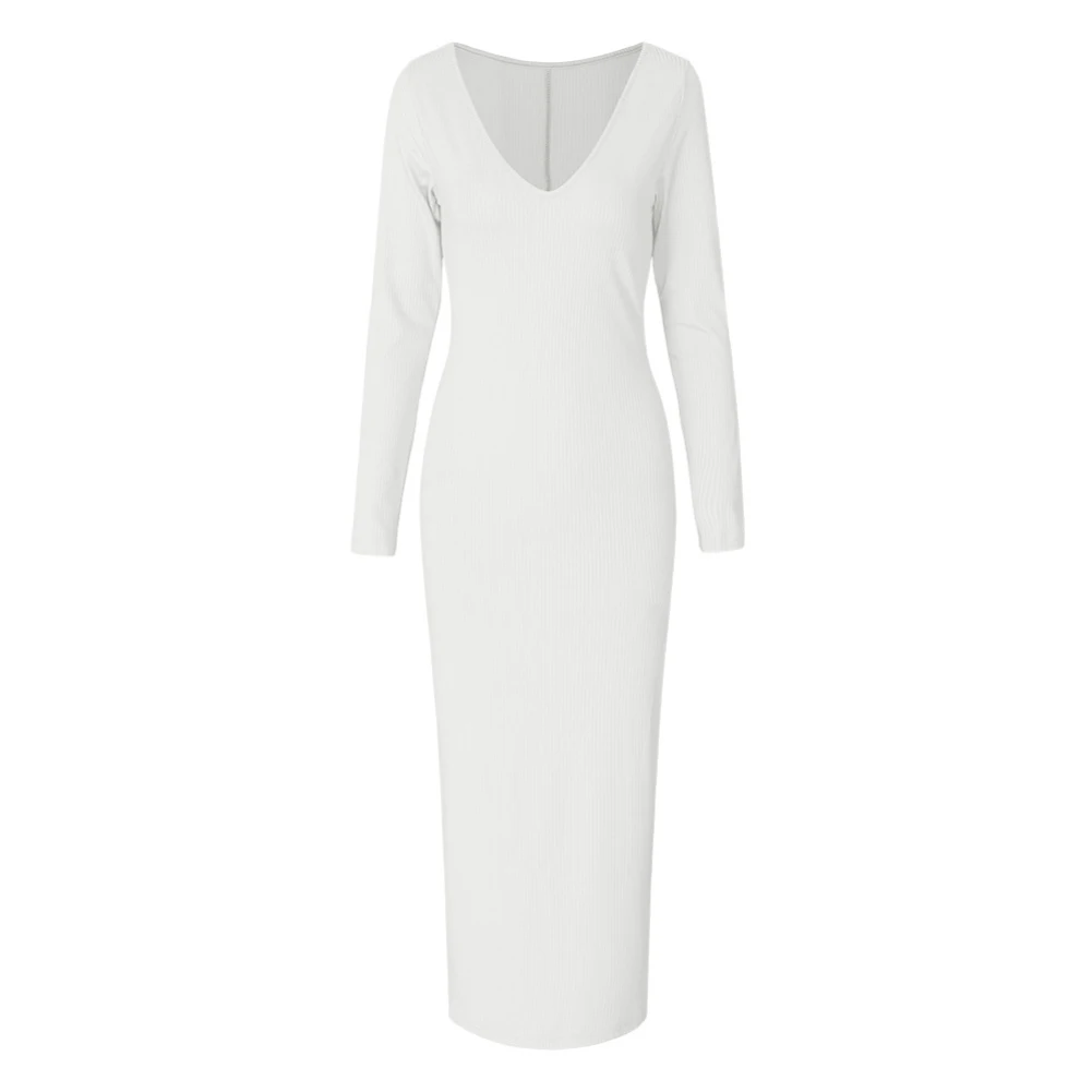 Winter Solid Color Women Long Sleeve Low Cut V-neck Knitted Bodycon Maxi Dress Women's clothing | Женская одежда