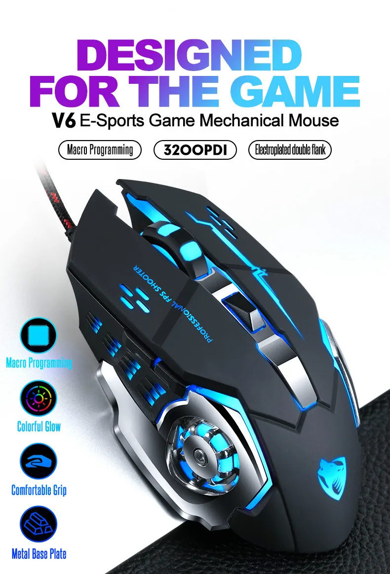 Профессиональная геймерская игровая мышь 6 кнопок 3200DPI регулируемая Проводная