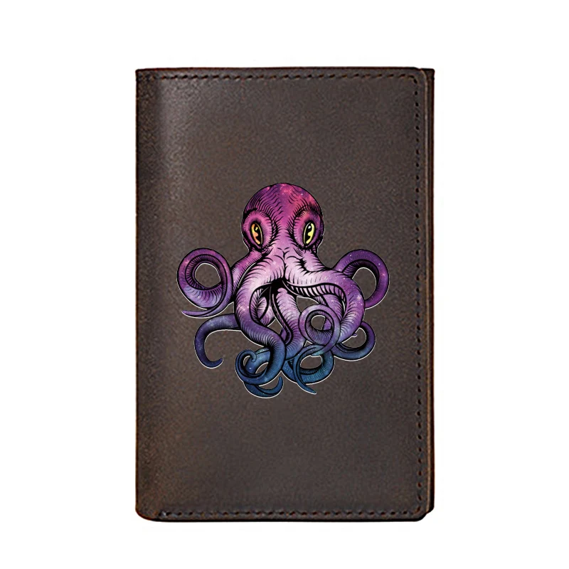 

High Quality Men Wallet Genuine Leather Classic Steampunk Octopus Printing Card Holders Women Slim Mini Short Purse