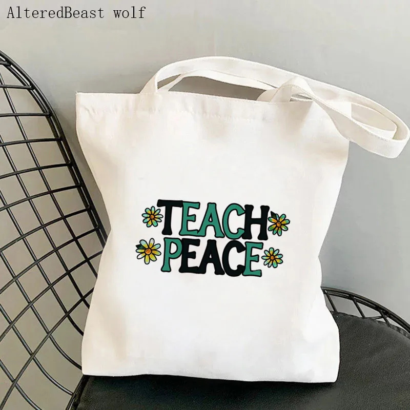 

Women Shopper bag teach Peace green Printed Kawaii Bag Harajuku Shopping Canvas Shopper Bag girl handbag Tote Shoulder Lady Bag