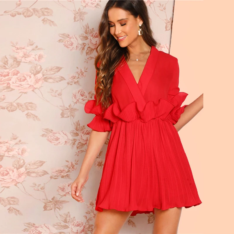 SHEIN Платье На Запах С Глубоким Вырезом И Оборками Сексуальное Платье С Рюшами С Средним Рукавом Женские Летние Платья С Высокой Талией
